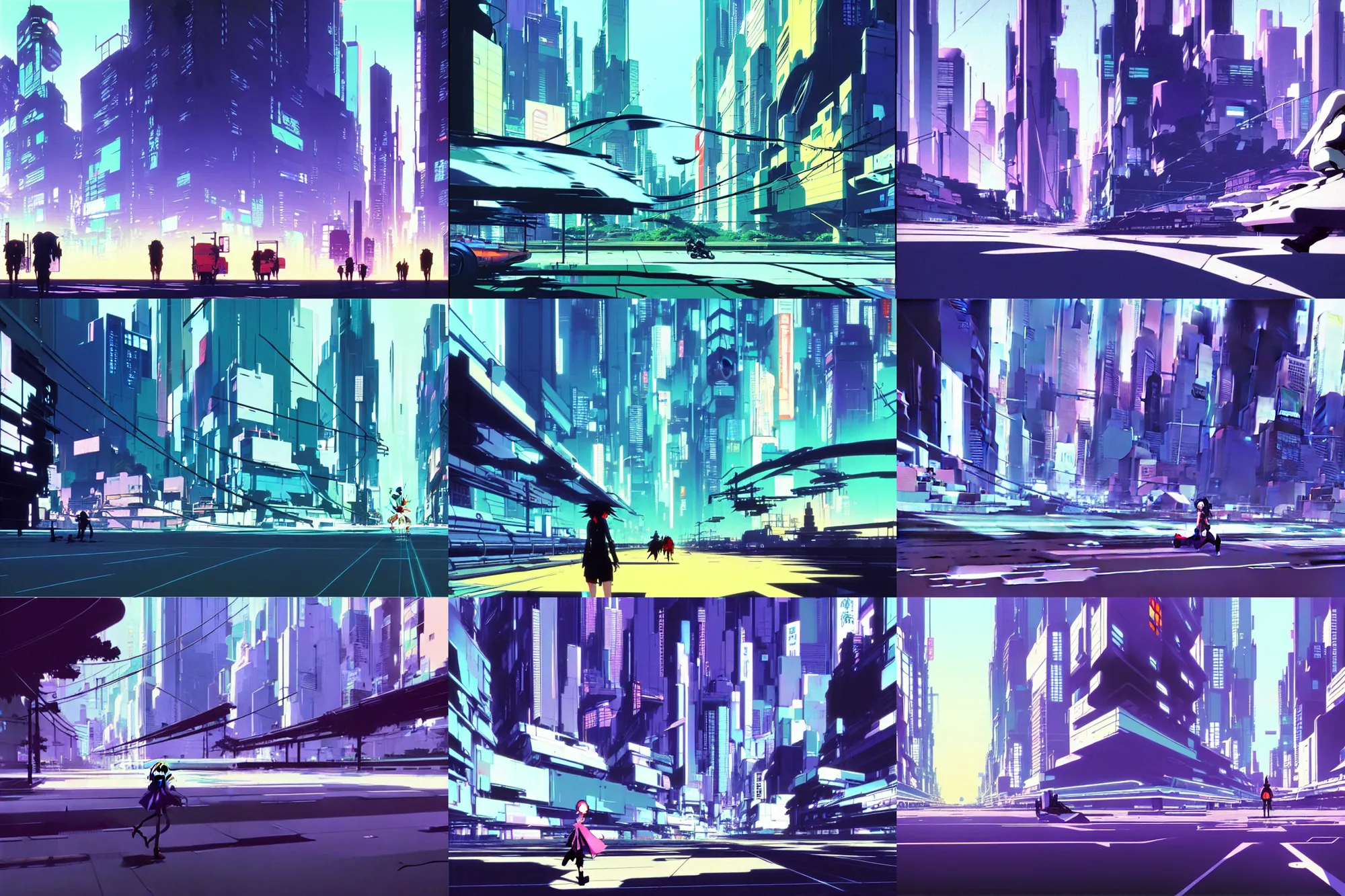 Prompt: glitch ghost in the shell flcl running through the city of trees by makoto shinkai concept art by syd mead