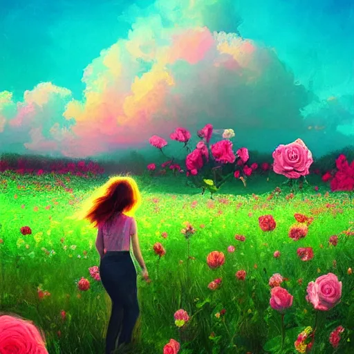 Prompt: large rose as a head, girl walking in a flower field, surreal photography, sunrise dramatic light, impressionist painting, colorful clouds, digital painting, artstation, simon stalenhag