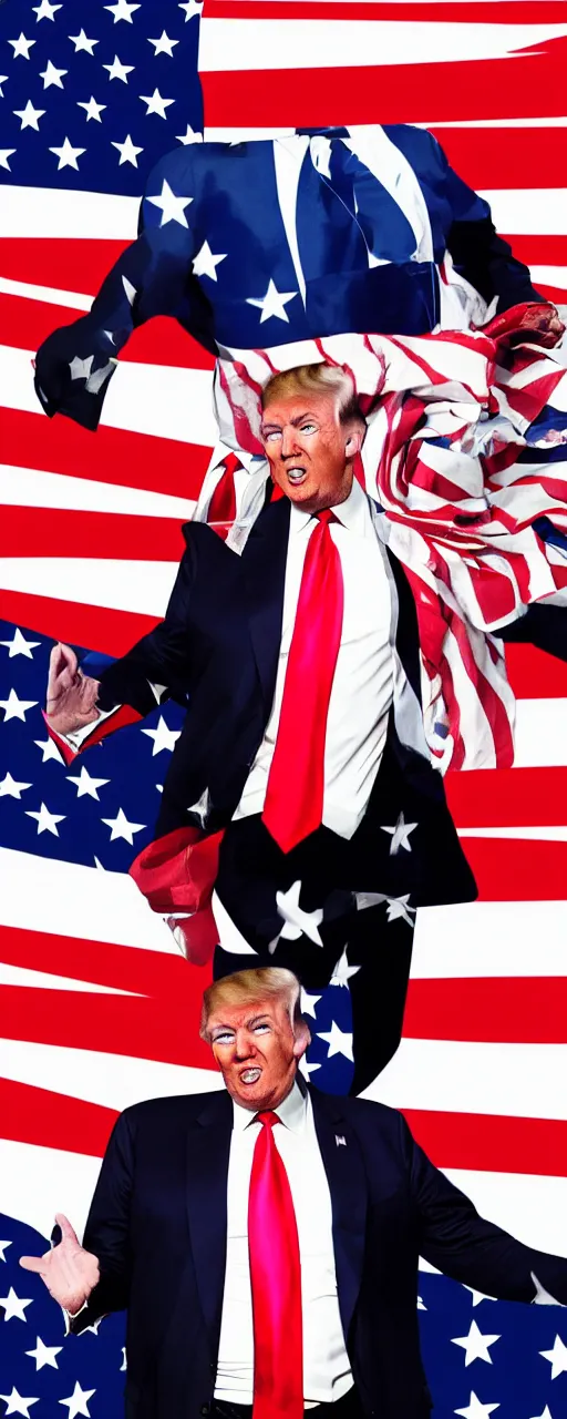 Image similar to graphic art of donald trump as a professional dancer in front of an american flag which covers the entire background