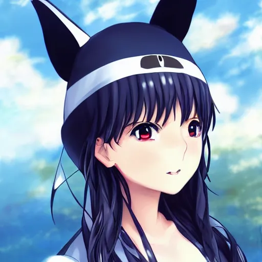 Image similar to digital anime art , a anime girl in a school outfit wearing a orca on her head, posing for the camera, blue eyes Rossdraws, WLOP