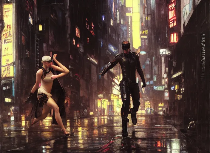 Prompt: blade runner fighting android replicants ( blade runner 2 0 4 9, cyberpunk 2 0 7 7 character design ). orientalist portrait by john william waterhouse and james gurney and theodore ralli and nasreddine dinet, oil on canvas. cinematic, hyper realism, realistic proportions, dramatic lighting, high detail 4 k