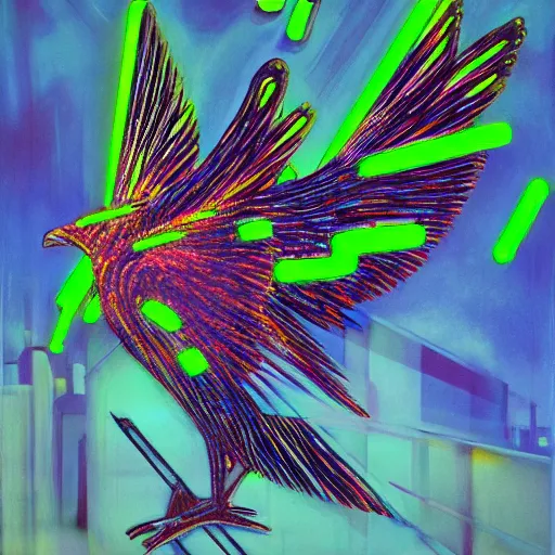 Image similar to a neon-winged mechanical austral thrush, the background is the kernel of a virtual world, oil on canvas by Yoji Shinkawa and Stina Persson