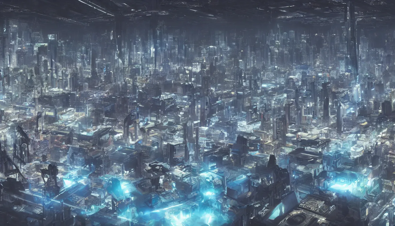 Image similar to large group people in a huge warehouse, looking at hologram of futuristic city on a table | cinematic concept art | godrays | 4 k | clear details | tabletop model | tabletop | hologram foreground