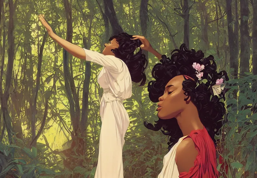 Prompt: a black woman seen from behind from far away with flowing hair and a flowing sundress dreaming in a forest, fine details by realistic shaded lighting poster by ilya kuvshinov katsuhiro otomo, magali villeneuve, artgerm, jeremy lipkin and michael garmash and rob rey, art nouveau, alphonse mucha, william - adolphe bouguereau, golden hour