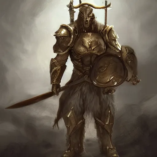 Image similar to Giant minotaur humanoid beast warrior with two handed axe, concept art, heavy white and golden armor, giant horns, portrait, dungeons and dragons, hyperrealism, high details, digital painting, dark fantasy