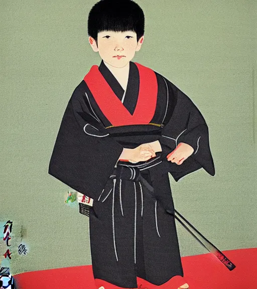 Prompt: Portrait of a Japanese Boy in an Edo Dojo, painting by Hung Liu and Yasutomo Oka