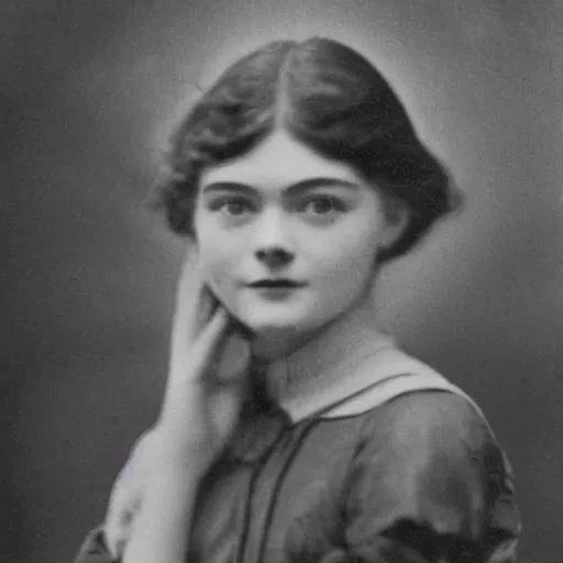 Image similar to Headshot edwardian photograph of Elle Fanning, 1910s, 1900s, 1920s, grainy, victorian, detailed, slightly blurry