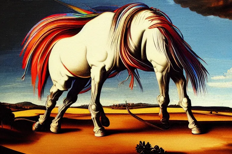 Image similar to detailed traditional painting of a unicorn walking on a rainbow, ((rainbow)) by Caravaggio, authentic, masterpiece, brush strokes, trending on artstation