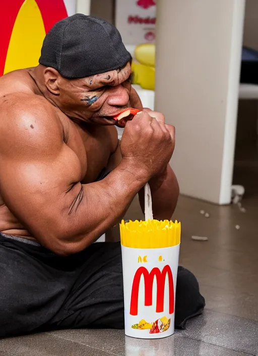 Image similar to Mike Tyson depressed eating a happy meal in the McDonalds play place, while it storms outside the building, mike tyson begins crying softly as he eats a chicken mcnugget and crushes his hamburger in his hands, ketchup spraying out of it, photograph, high quality, detailed, sharp