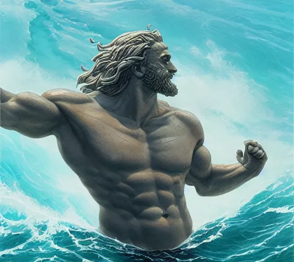 Prompt: poseidon in the middle of the ocean, by artgerm and greg rutkowski.