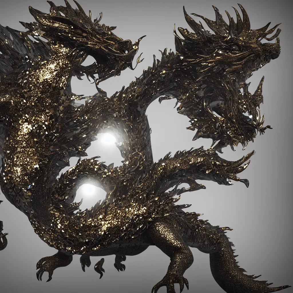 Prompt: dragon with big sequins and engraved on obsidian, art staton, octane render, 4 k, 8 k, colony, man standing