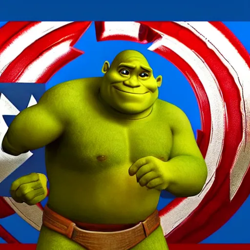 Image similar to digital painting of Shrek as Captain America, octane render, volumetric lightening, by marvel