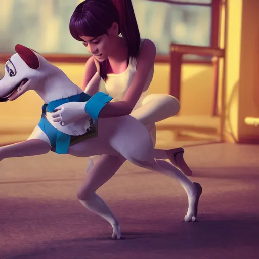 Image similar to still of woman working on her dog's clothing line, disney, comic book style, the dog is doing a ballet dance, highly detailed, 8k resolution, octane renderer
