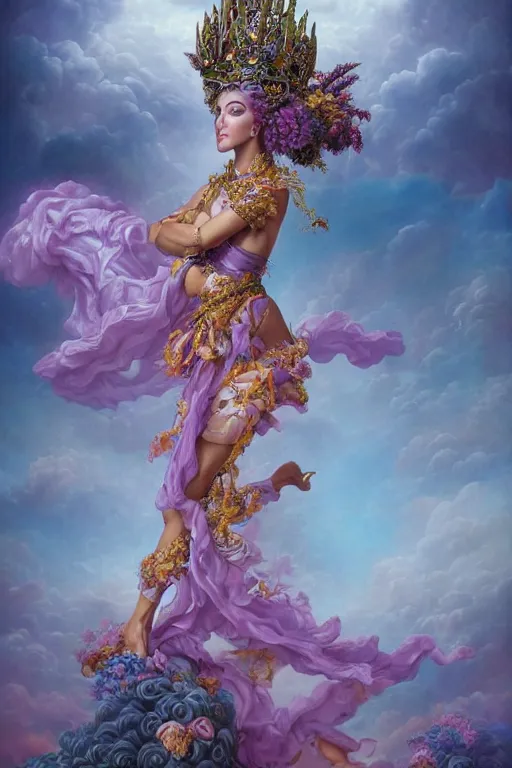 Image similar to full body pose fine art photo of the cher goddess, she has a crown of stunning flowers and frilly dress of purple satin and gemstones, background full of stormy clouds, by peter mohrbacher