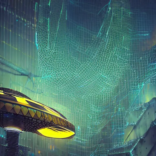 Prompt: Mystical Sci-fi Concept Art, Technological, Cables, Wires, Landscape, Mechanically Enhanced Honeycomb, Cybernetic, Ambient Lighting, Honeycomb, Glowing Amber, Honey. Cityscape