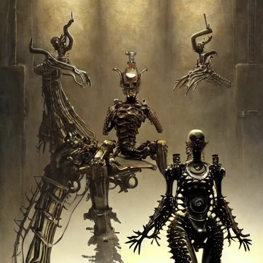 Prompt: still frame from Prometheus movie by giger, undead king knight editorial by Malczewski, ornate war automaton construct by Peter Mohrbacher, biomechanical bone cyborg concept art