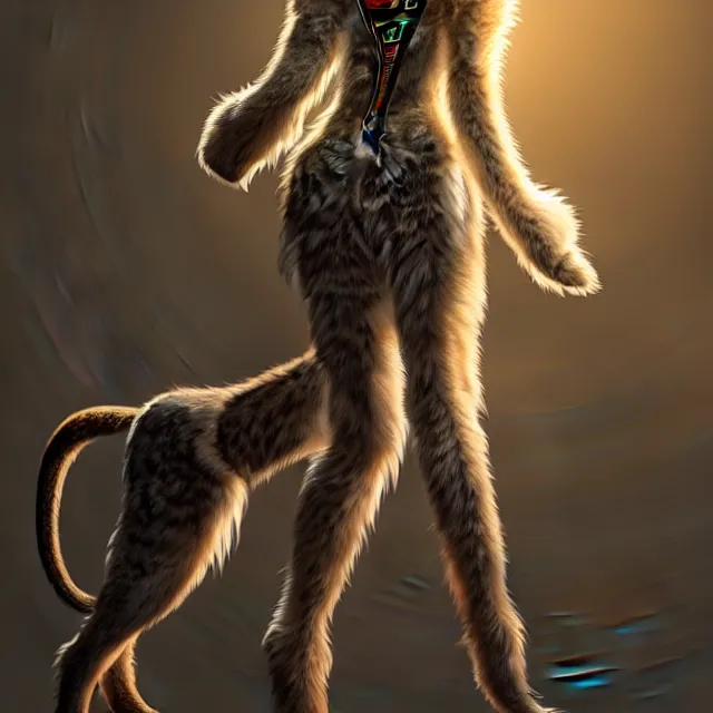 Image similar to the full body of anthropomorphic lynx fursona from behind wearing a steampunk suit as unimaginably beautiful, gorgeous, elegant, young woman with lynx head, an ultrafine hyperdetailed illustration by furaffinity, intricate linework, white fur, unreal engine 5 highly rendered, global illumination, radiant light, detailed and intricate environment