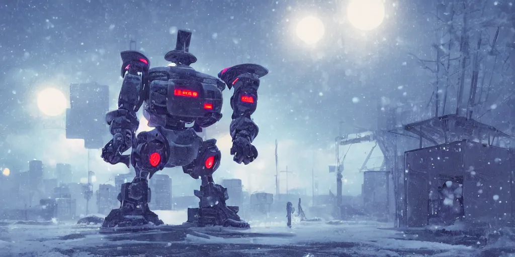 Image similar to a giant robot, megastructure, in a snowy land, photorealistic, neon light