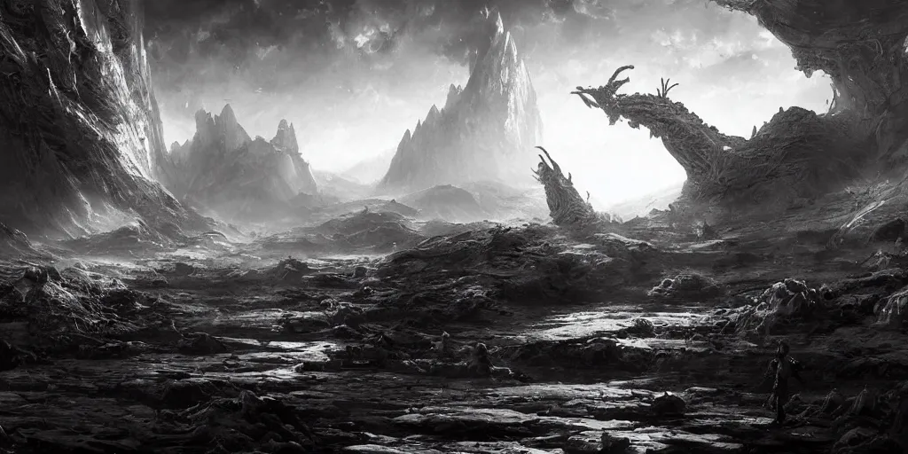 Prompt: black and white graphci thumbnails of alien concuring on a planet with high tech fantasy / magical machinery, cinematic composition, a fantasy digital painting by greg rutkowski and james gurney, trending on artstation, highly detailed, hyperrealistic, realistic, photorealistic, dynamic lighting, highly detailed, cinematic landscape, studio landscape, studio lighting