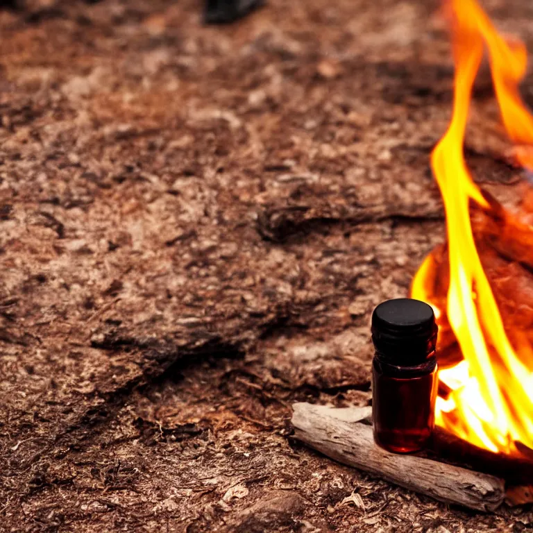 Image similar to close - up of a tiny bottle with a tent and campfire inside. dramatic lighting, night, hyper realistic, highly detailed, 4 k