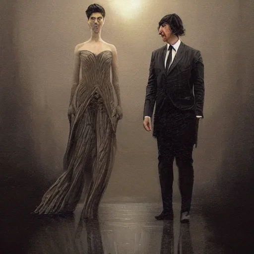 Prompt: painting of both john oliver and adam driver together, john oliver, adam driver, full body, elegant, beautiful, highly detailed, centered, dark, smokey, digital painting, concept art, smooth, sharp focus, illustration, deviant art, art by karol bak and peter mohrbacher