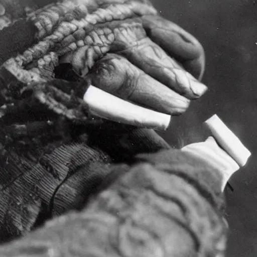 Image similar to Close-up of highly detailed hand holding cigarette with smoke, vintage photo,