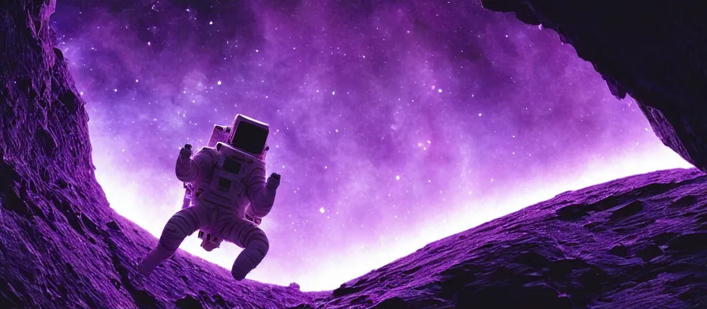 Prompt: extreme close up, astronaut on purple [ [ [ crystal ] ] ] caves, amethyst, beautiful dynamic lighting, nebula sky, cinematic, wide angle establishing shot, extremely high detail, photo realistic, cinematic lighting, matte painting, interstellar, greg rutkowski, roger deakins