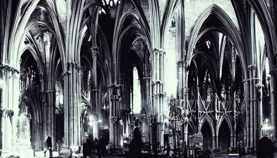 Image similar to a movie by Ridley Scott about a gothic techno-cathedral where a lavishly dressed necromancer priest raising a cyborg zombie from the grave