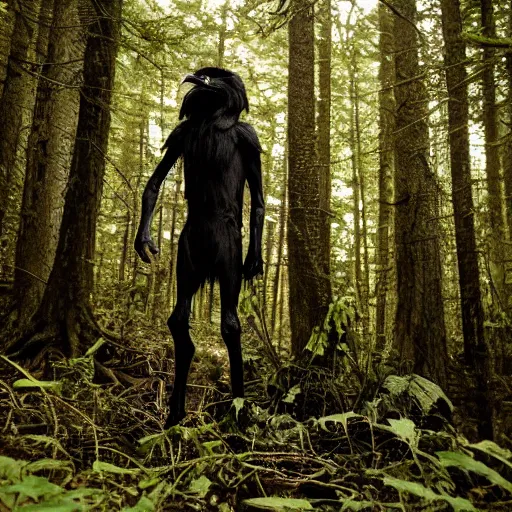 Image similar to standing werecreature consisting of a human and crow, photograph captured in a forest