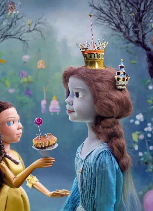 Image similar to closeup face profile portrait of greta thunberg as a tin toy fairytale princess wearing a crown eating cakes, bikini, depth of field, zeiss lens, fashion photoshoot, by nicoletta ceccoli, mark ryden, lostfish, dan decarlo, bob clampett, max fleischer, breathtaking, detailed, hyperrealistic, octane render