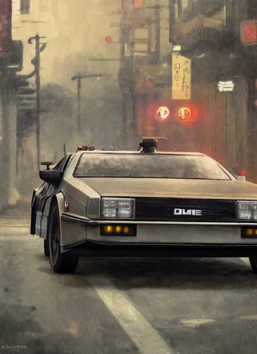 Image similar to 1 9 2 2 delorean in a japanese city, 4 k, greg rutkowski, highly detailed, retrofuturistic, artstation