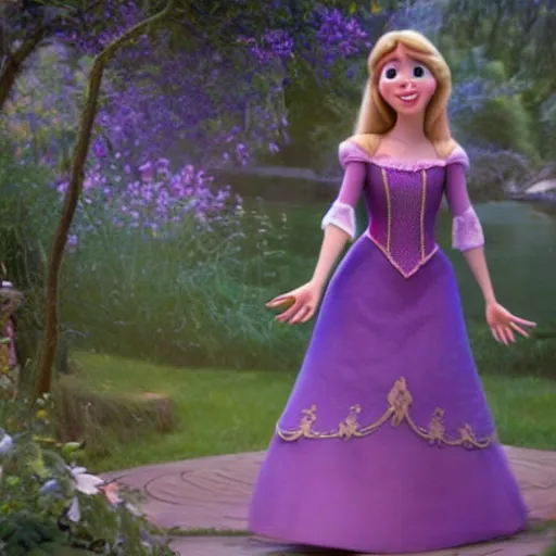 Image similar to Jennette McCurdy as Rapunzel in disney tangled live action, 8k full HD photo, cinematic lighting, anatomically correct, oscar award winning, action filled, correct eye placement,