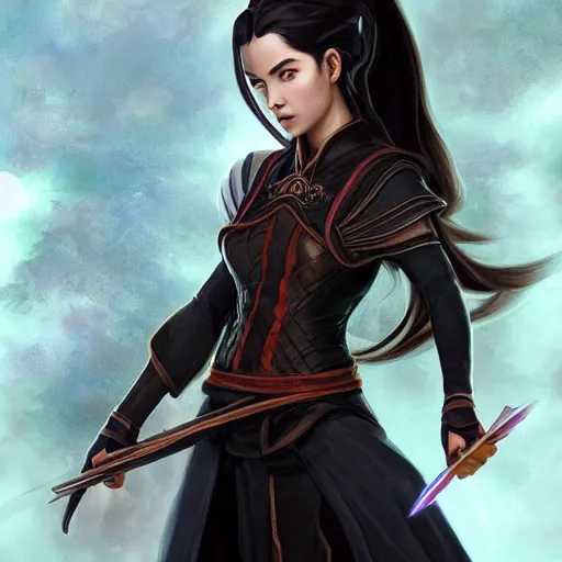 Image similar to Portrait of teenage sorceress Azula wearing skintight black leather armor, Avatar the Last Airbender, Dungeons and Dragons, Lord of the Rings, intricate, elegant, highly detailed, digital painting, artstation, concept art, smooth, sharp focus, illustration, art by artgerm and greg rutkowski and alphonse mucha and andrei riabovitchev