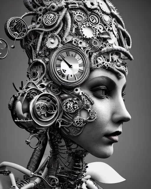 Prompt: mythical dreamy black and white organic bio-mechanical spinal ribbed profile face portrait detail of mechanical beautiful female angelic-vegetal-cyborg, highly detailed, intricate steampunk ornate, poetic, 3D render, digital art, octane render, 8K artistic photography, photo-realistic, by Dora Maar