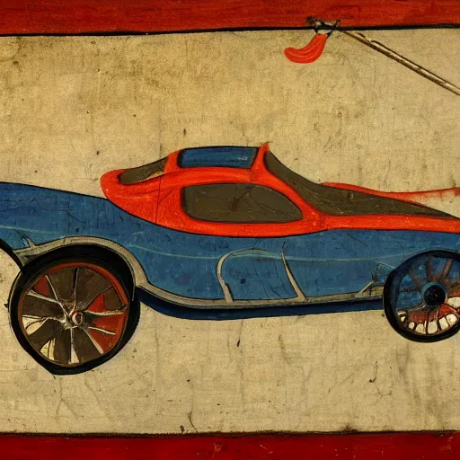Prompt: Medieval painting of a sport car. High resolution. Highly detailed. Art station. 8k