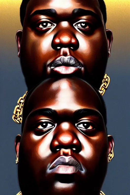 Prompt: highly detailed portrait of an notorious big wearing gold chains and brandishing a pistol, big eyes, realistic portrait, symmetrical, highly detailed, digital painting, artstation, concept art, smooth, sharp focus, illustration, cinematic lighting, art by artgerm and greg rutkowski and alphonse mucha