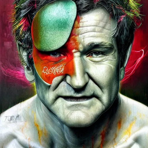 Image similar to a Demon Slayer portrait of Robin Williams, tall, pale-skinned, slender with lime green eyes and long eyelashes by Stanley Artgerm, Tom Bagshaw, Arthur Adams, Carne Griffiths, trending on Deviant Art, street art, face enhance, chillwave, maximalist, full of color, glittering