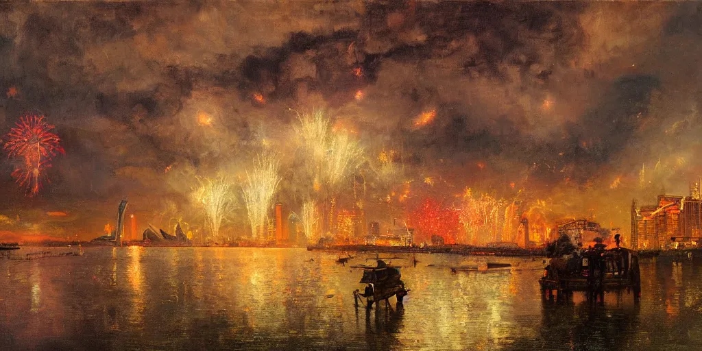 Image similar to painting of Singapore city with a lion-shaped cloud in the sky and fireworks in the sky, red and white lighting by Solomon Joseph Solomon and Richard Schmid and Jeremy Lipking victorian genre painting full length portrait