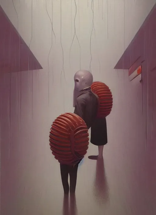 Image similar to spherical people gas masks at flooded restaurant Edward Hopper and James Gilleard, Zdzislaw Beksinski, open ceiling, highly detailed, painted by Francis Bacon, painted by James Gilleard, surrealism, airbrush, Ilya Kuvshinov, WLOP, Stanley Artgerm, very coherent, art by Takato Yamamoto and James Jean