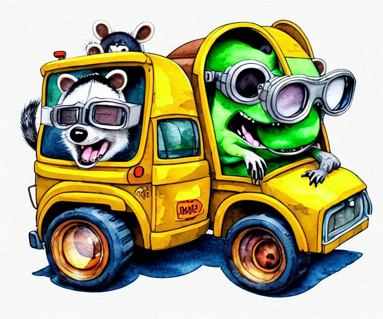 Image similar to cute and funny, racoon wearing goggles driving a tiny garbage truck, ratfink style by ed roth, centered award winning watercolor pen illustration, isometric illustration by chihiro iwasaki, edited by craola, tiny details by artgerm and watercolor girl, symmetrically isometrically centered