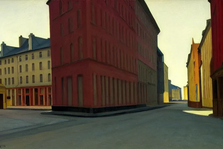 Image similar to the lonely streets of oslo, painting by edward hopper, award - winning, painting, calming, serene,