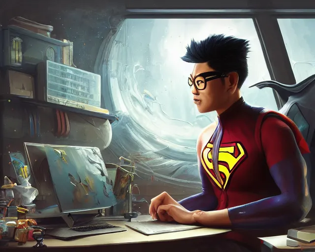 Image similar to an insanely detailed painting of a nerdy asian man wearing a superhero costume, sitting at a desk, staring at the nervously at the computer and typing, in the style of peter mohrbacher, dramatic lighting and composition, surreal background, octane render, pixar, trending on artstation, concept art, comic book, view from behind