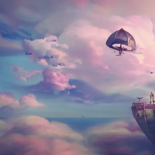 Image similar to Cloud Jumper, a steampunk world with a cute flying ship in fluffy pink clouds and soft light and floating islands in the distance, octane render, watercolor