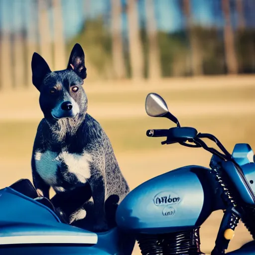 Image similar to blue heeler dog on a motorcycle, 8 k photography, blurred background of a wafflehouse