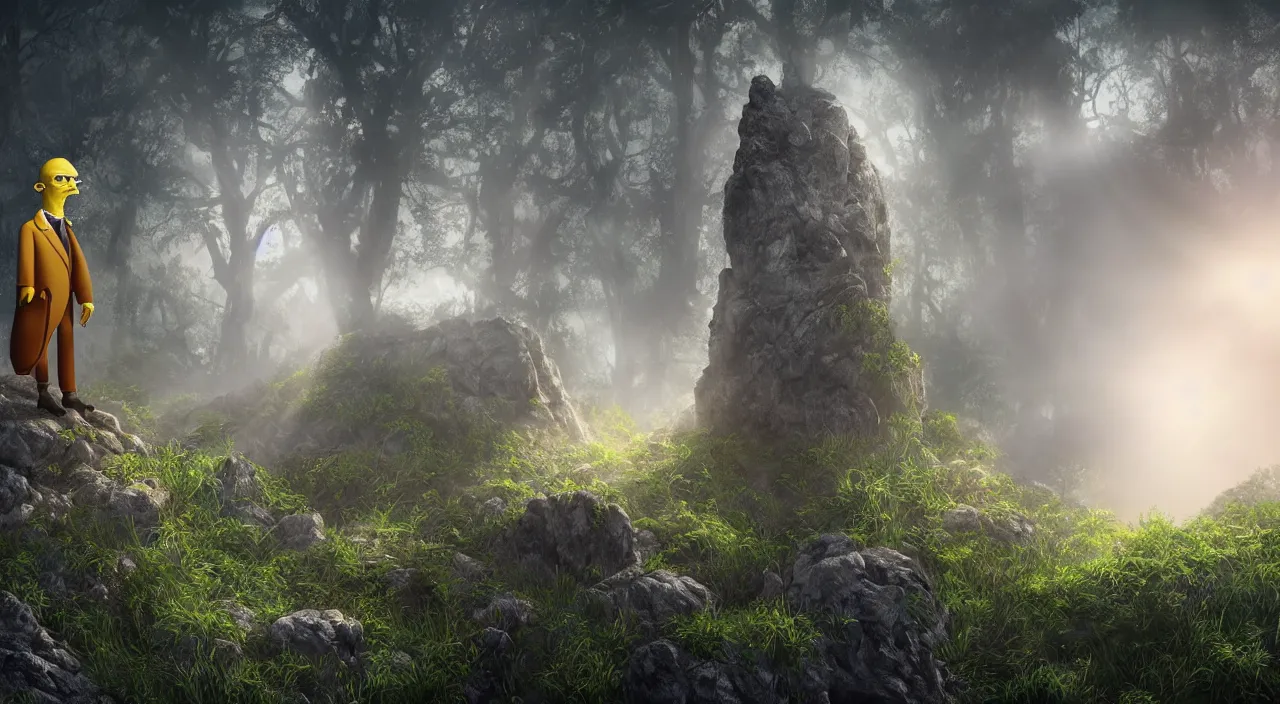 Image similar to photorealistic matte painting of mr burns from the simpsons standing far in misty overgrowth undergrowth jagged rock features volumetric fog light rays high contrast dawn