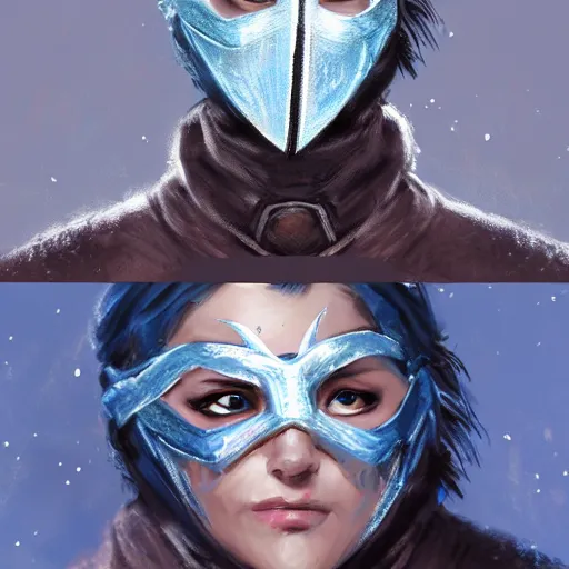 Prompt: bandit from ‘ icewind dale ’, with a frost blue gem mask lined with copper, ‘ icewind dale 2 ’ profile portrait by ‘ justin sweet ’, falling snow, soft focus, illustration, oil paint, artstation