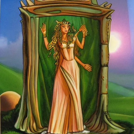 Image similar to The Goddess Asherah standing outside the gates to the emerald city on planet Oz surounded by Elves