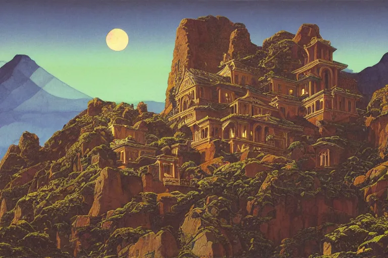 Image similar to ancient temple on a mountaintop by moonlight | by Paul O. Zelinsky and Maxfield Parrish and Nicholas Roerich and Donato Giancola | ornate carvings| climbing vines| rich color | dramatic cinematic lighting | extremely clear and detailed