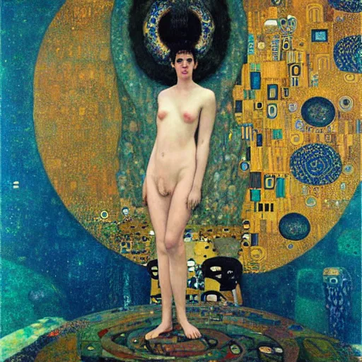 Image similar to portrait of a surreal goddess floating in front of a futuristic ancient Atlantis, painting by Gustav Klimt and Greg Rutkowski