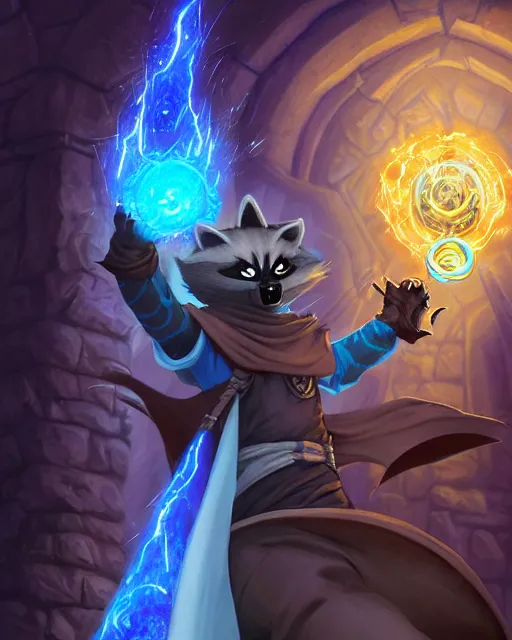 Image similar to closeup, highly detailed digital illustration portrait of hooded priest sorcerer druid necromancer sly cooper rocket the raccoon casting a magical energy sparkling swirling blue glowing spell in an ancient castle, action pose, d & d, magic the gathering, by rhads, frank frazetta, lois van baarle, jean - baptiste monge, disney, pixar,